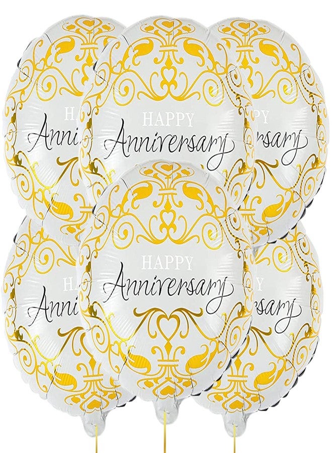 AMFIN® (Pack of 6) Happy Anniversary Round Foil Balloons for Wedding, Anniversary, Party Decoration/Anniversary Decorations Items Combo for Home Balloon - White & Golden - Image 1